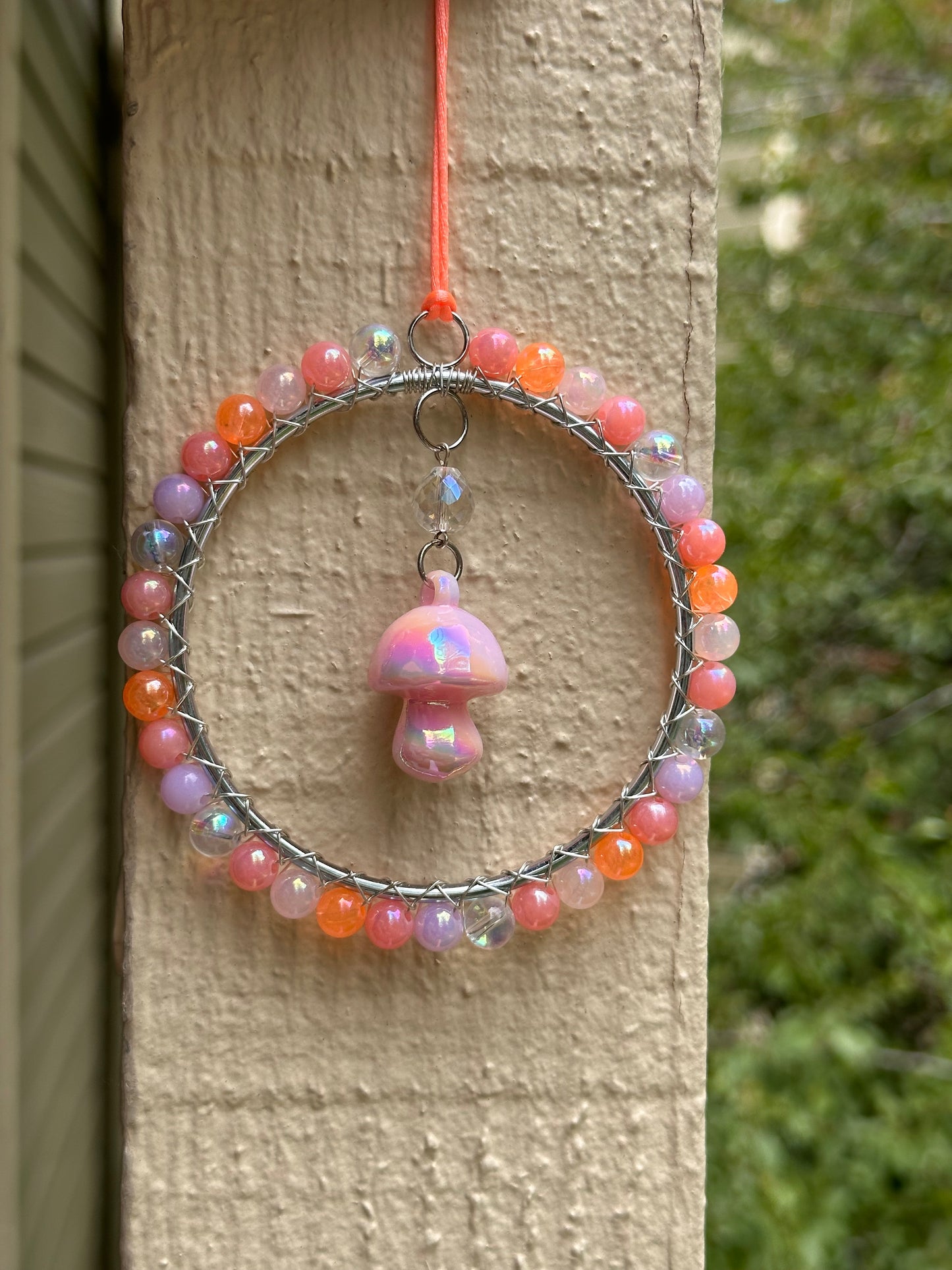 Mini-Malist Suncatcher Summer Session / Car Charm / Rainbow Maker / 3 Inch Silver Ring / Light Pink Mushroom Pendant