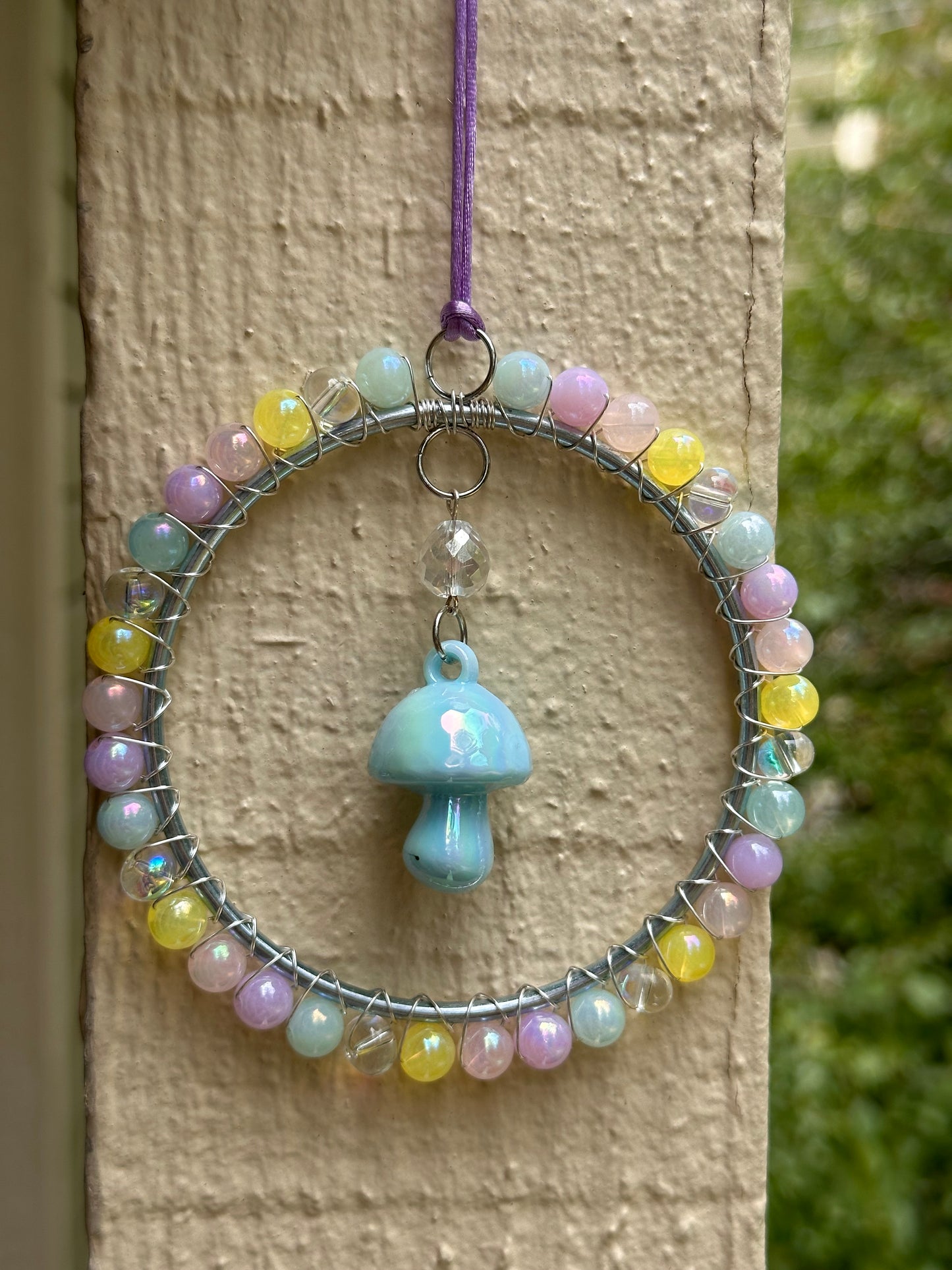 Mini-Malist Suncatcher Summer Session / Car Charm / Rainbow Maker / 3 Inch Silver Ring / Blue Mushroom Pendant