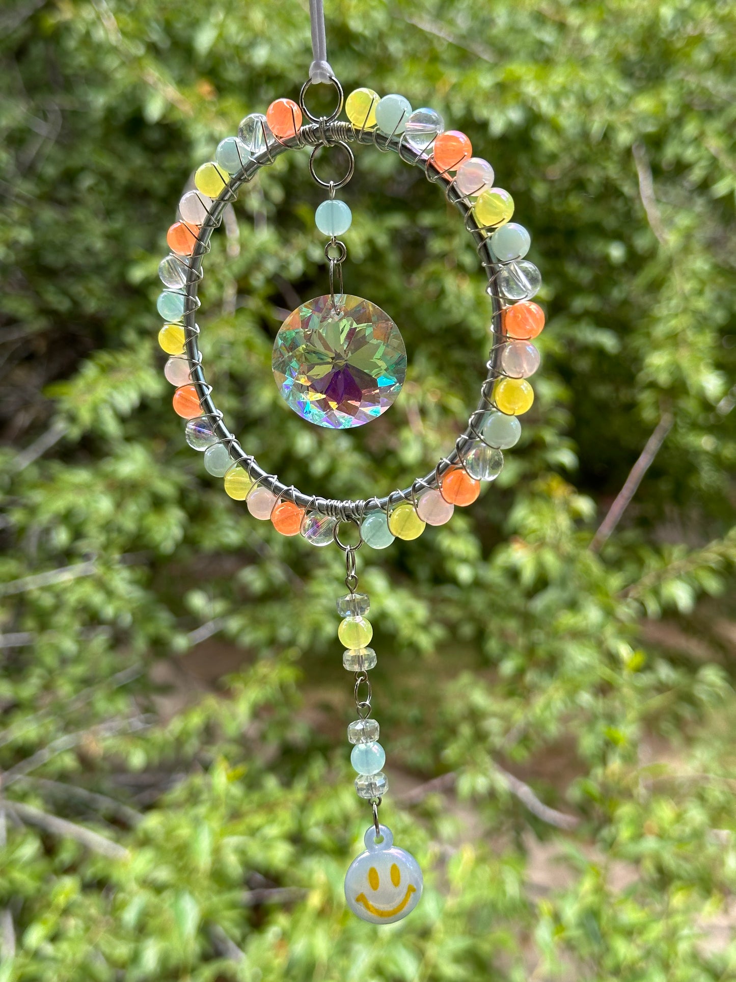 Mini-Malist Suncatcher Summer Session / Car Charm / Rainbow Maker / 3 Inch Silver Ring / Blue & Yellow Smiley Dangle