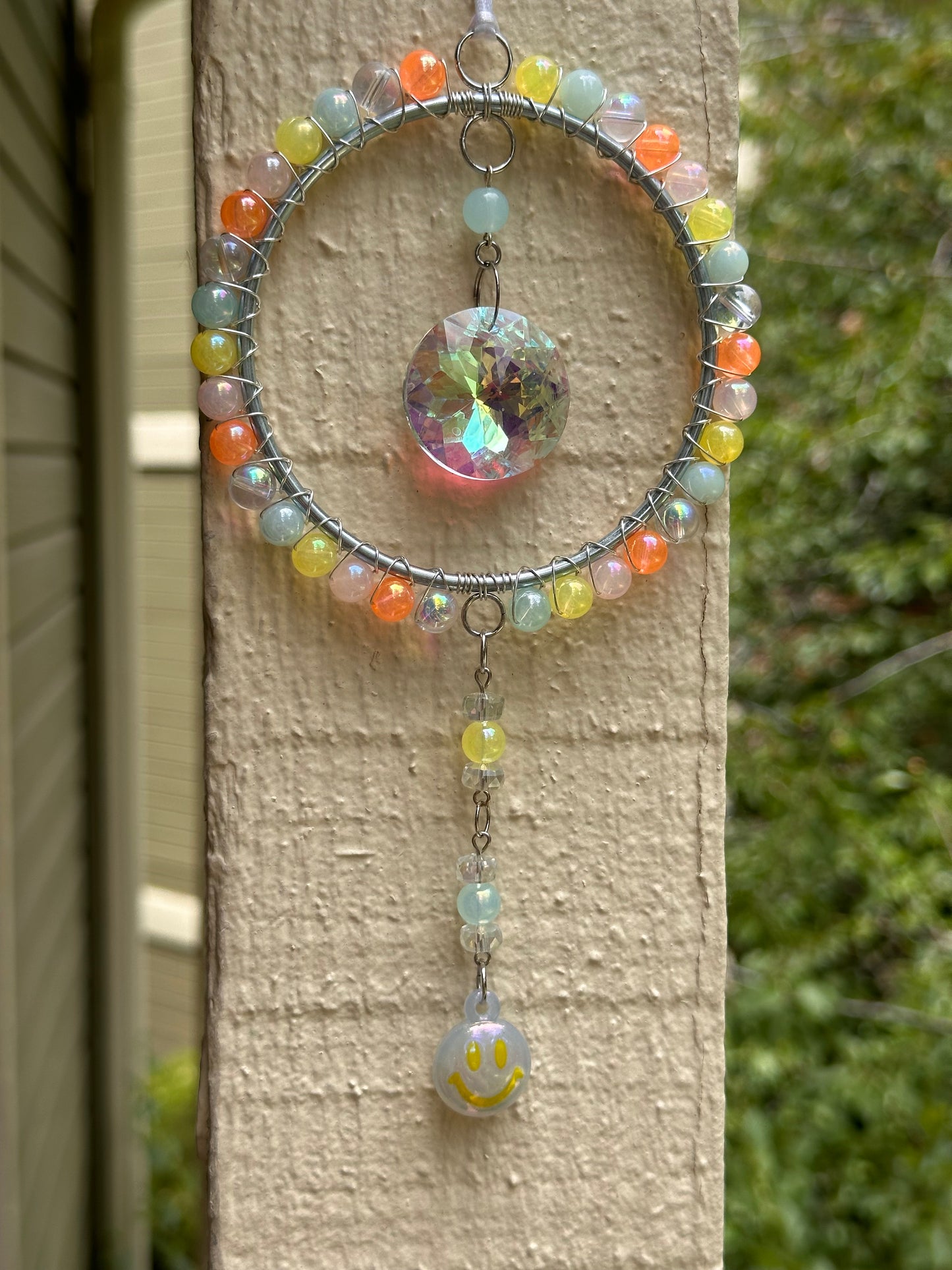 Mini-Malist Suncatcher Summer Session / Car Charm / Rainbow Maker / 3 Inch Silver Ring / Blue & Yellow Smiley Dangle