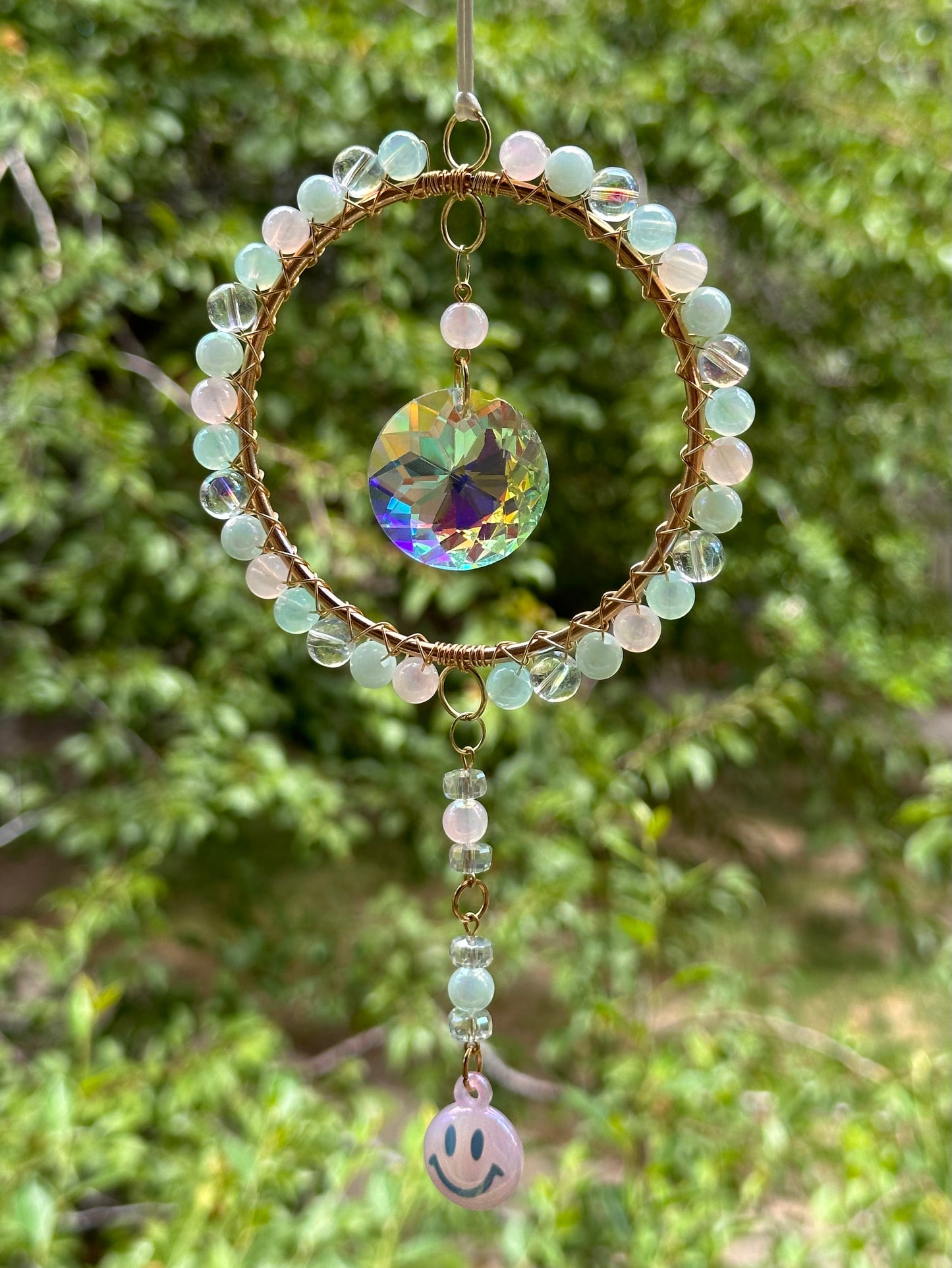 Mini-Malist Suncatcher Summer Session / Car Charm / Rainbow Maker / 3 Inch Gold Ring / Pink & Blue Smiley Dangle