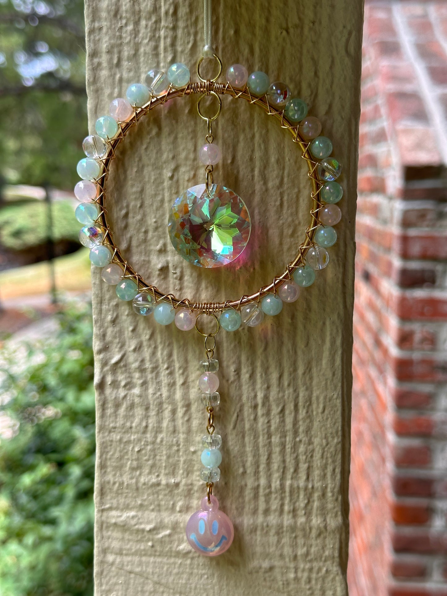 Mini-Malist Suncatcher Summer Session / Car Charm / Rainbow Maker / 3 Inch Gold Ring / Pink & Blue Smiley Dangle