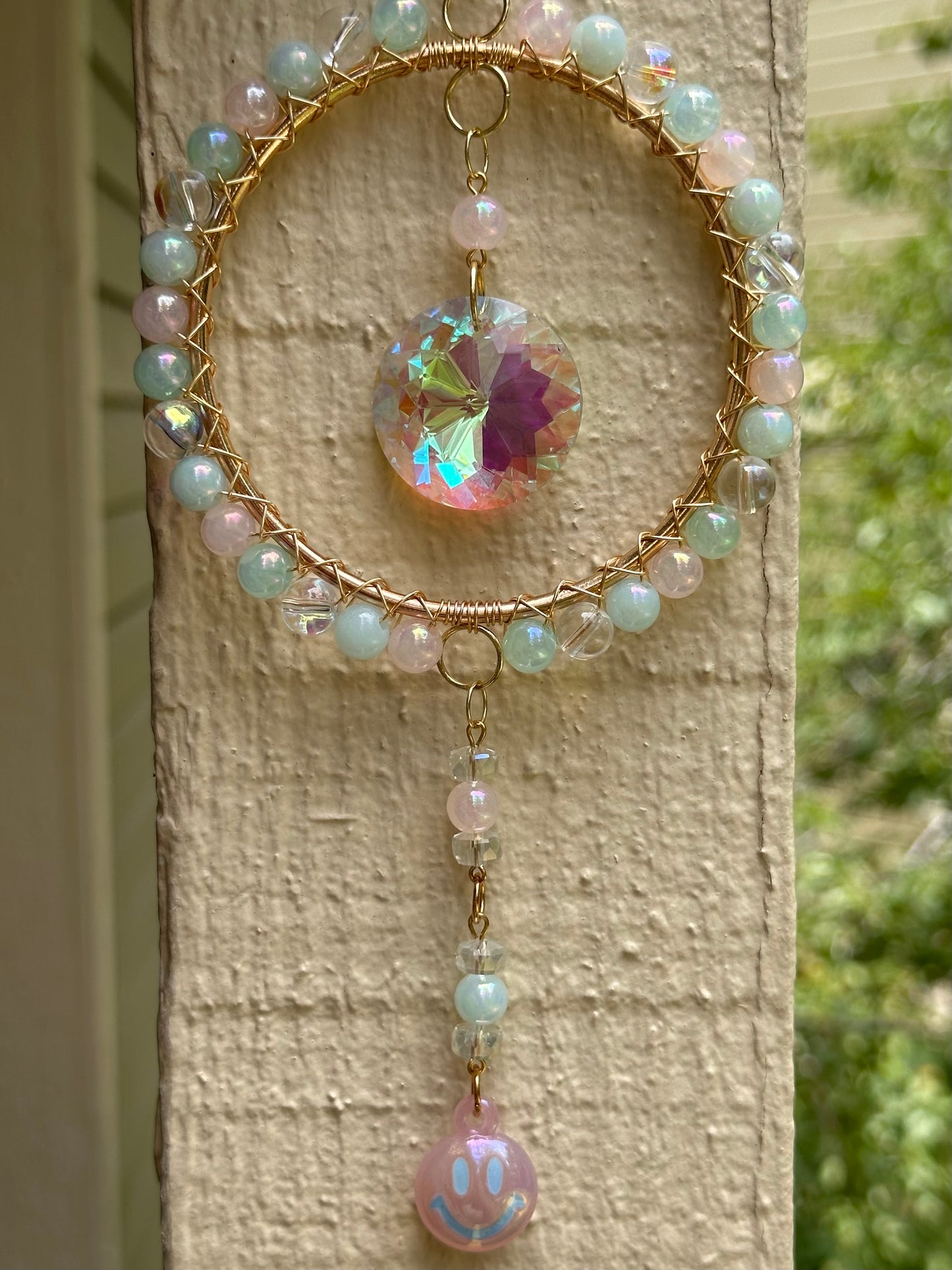 Mini-Malist Suncatcher Summer Session / Car Charm / Rainbow Maker / 3 Inch Gold Ring / Pink & Blue Smiley Dangle