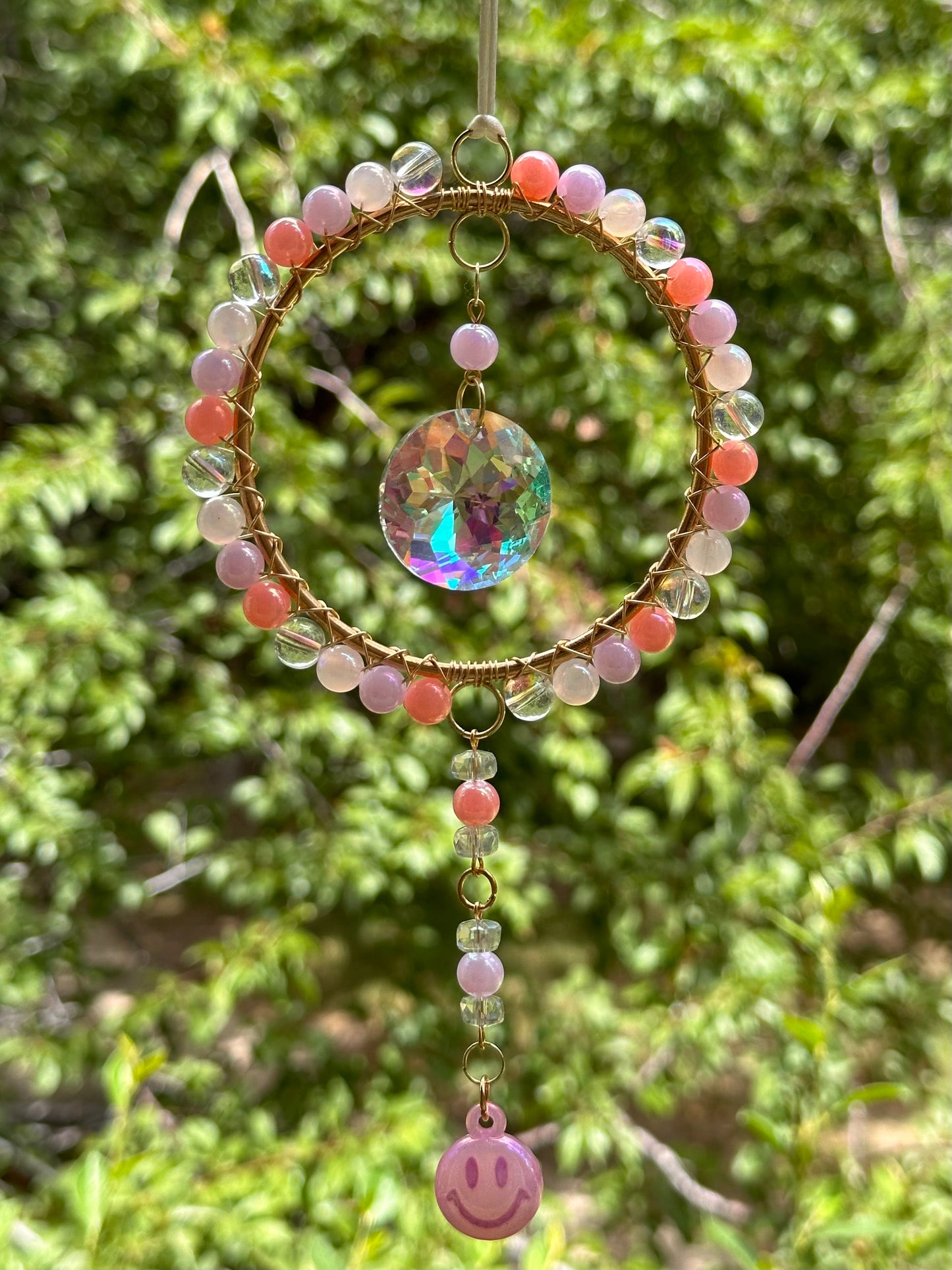 Mini-Malist Suncatcher Summer Session / Car Charm / Rainbow Maker / 3 inch Gold Ring / Pink Smiley Dangle