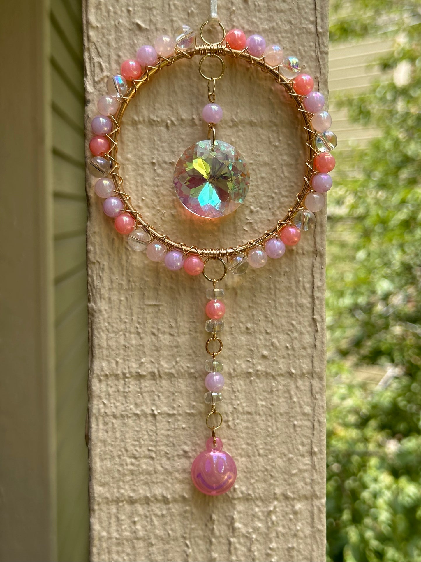 Mini-Malist Suncatcher Summer Session / Car Charm / Rainbow Maker / 3 inch Gold Ring / Pink Smiley Dangle