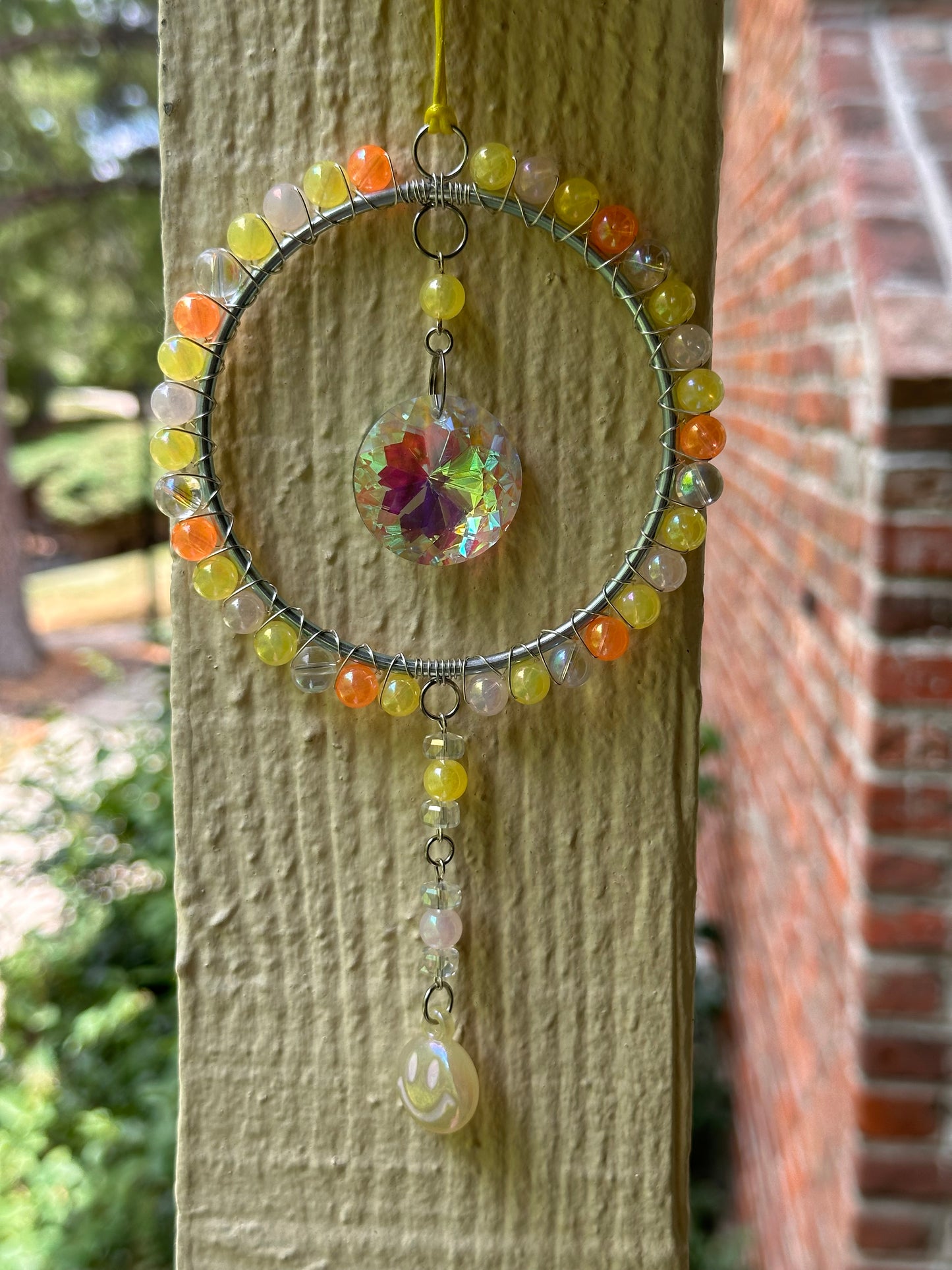 Mini-Malist Suncatcher Summer Session / Car Charm / Rainbow Maker / 3 Inch Silver Ring / Yellow Smiley Dangle