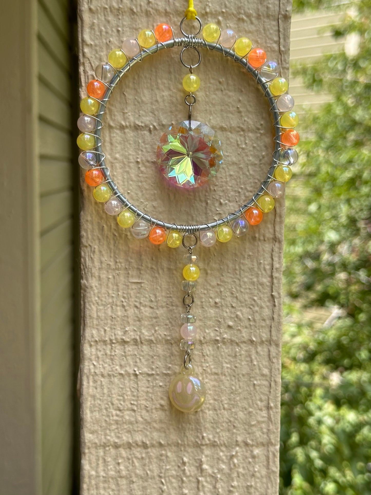 Mini-Malist Suncatcher Summer Session / Car Charm / Rainbow Maker / 3 Inch Silver Ring / Yellow Smiley Dangle