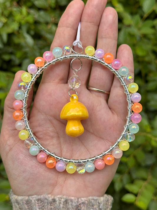 Mini-Malist Suncatcher Summer Session / Car Charm / Rainbow Maker / 3 Inch Silver Ring / Yellow Mushroom Pendant