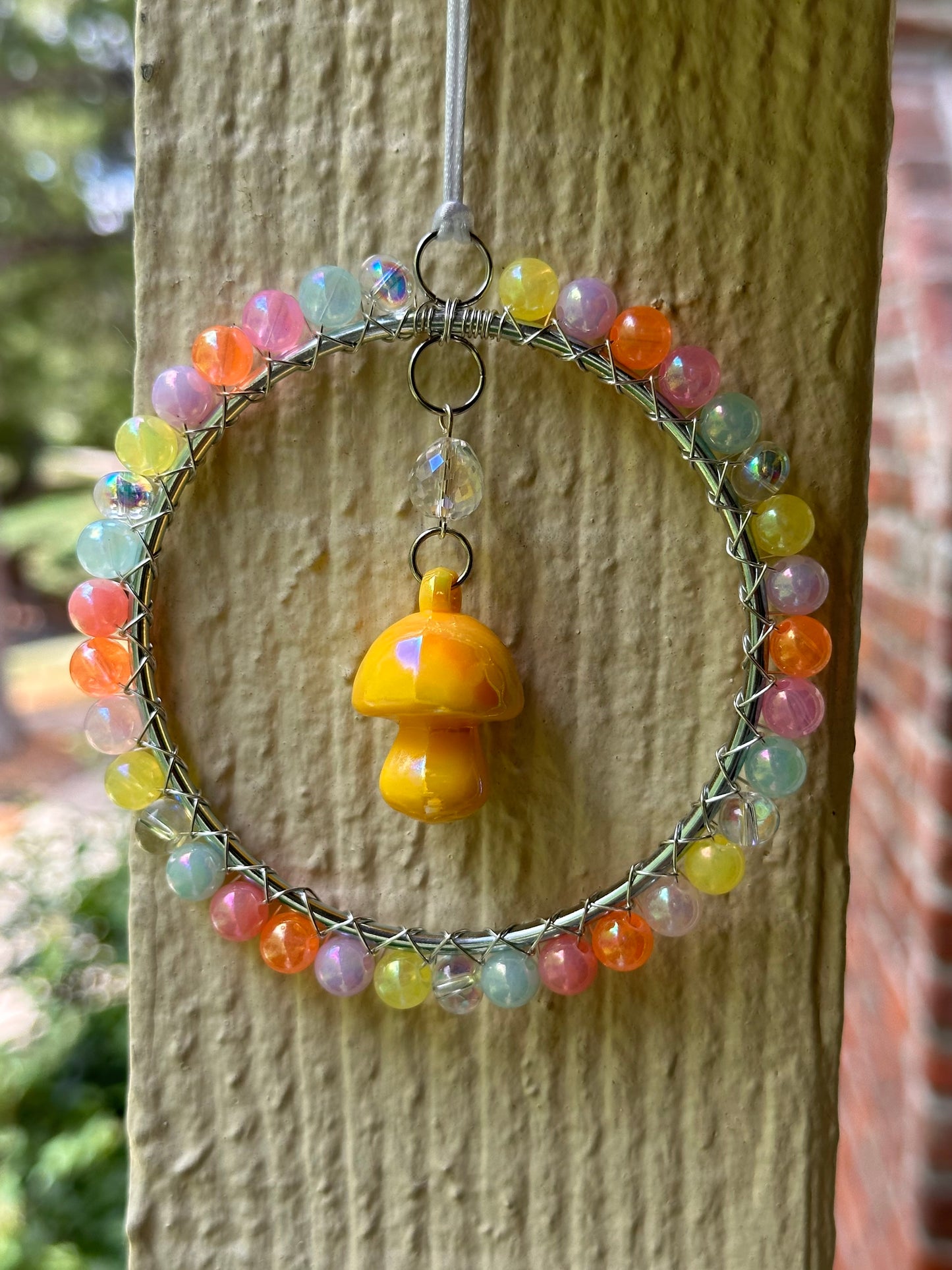 Mini-Malist Suncatcher Summer Session / Car Charm / Rainbow Maker / 3 Inch Silver Ring / Yellow Mushroom Pendant