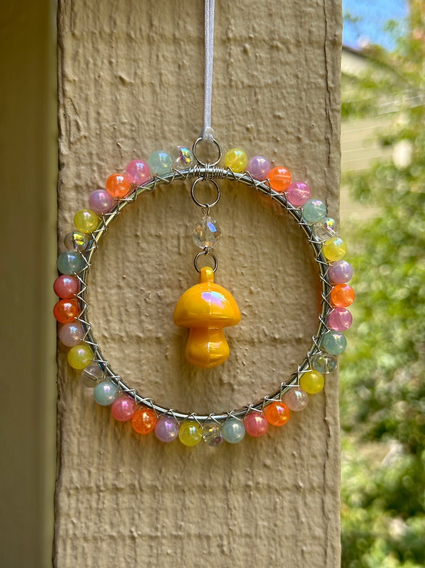 Mini-Malist Suncatcher Summer Session / Car Charm / Rainbow Maker / 3 Inch Silver Ring / Yellow Mushroom Pendant