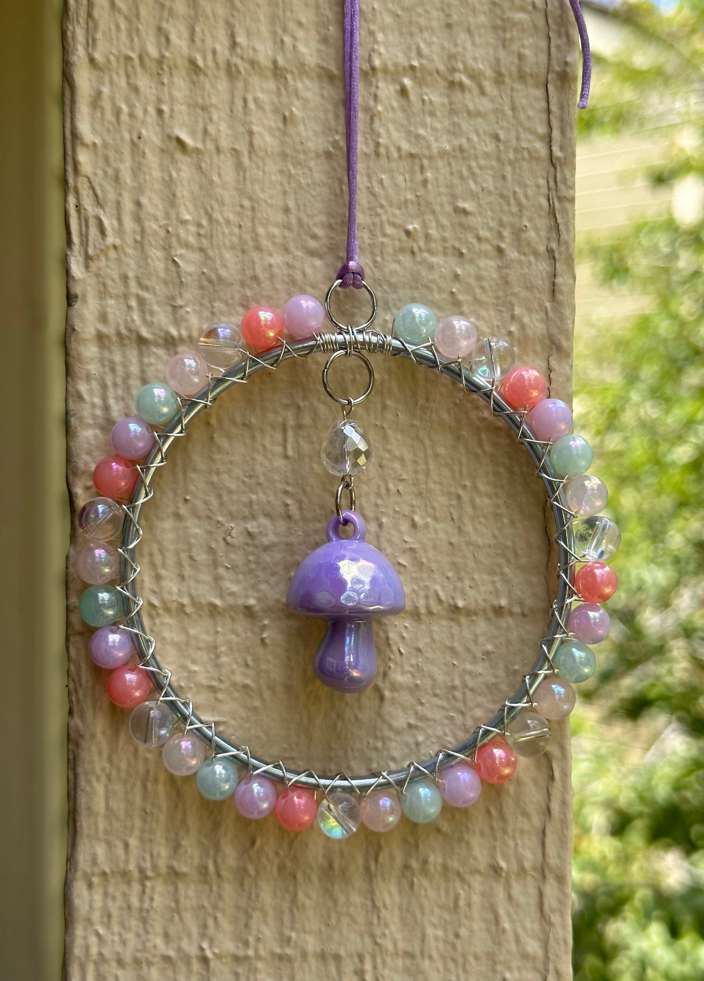 Mini-Malist Suncatcher Summer Session / Car Charm / Rainbow Maker / 3 Inch Silver Ring / Purple Mushroom Pendant