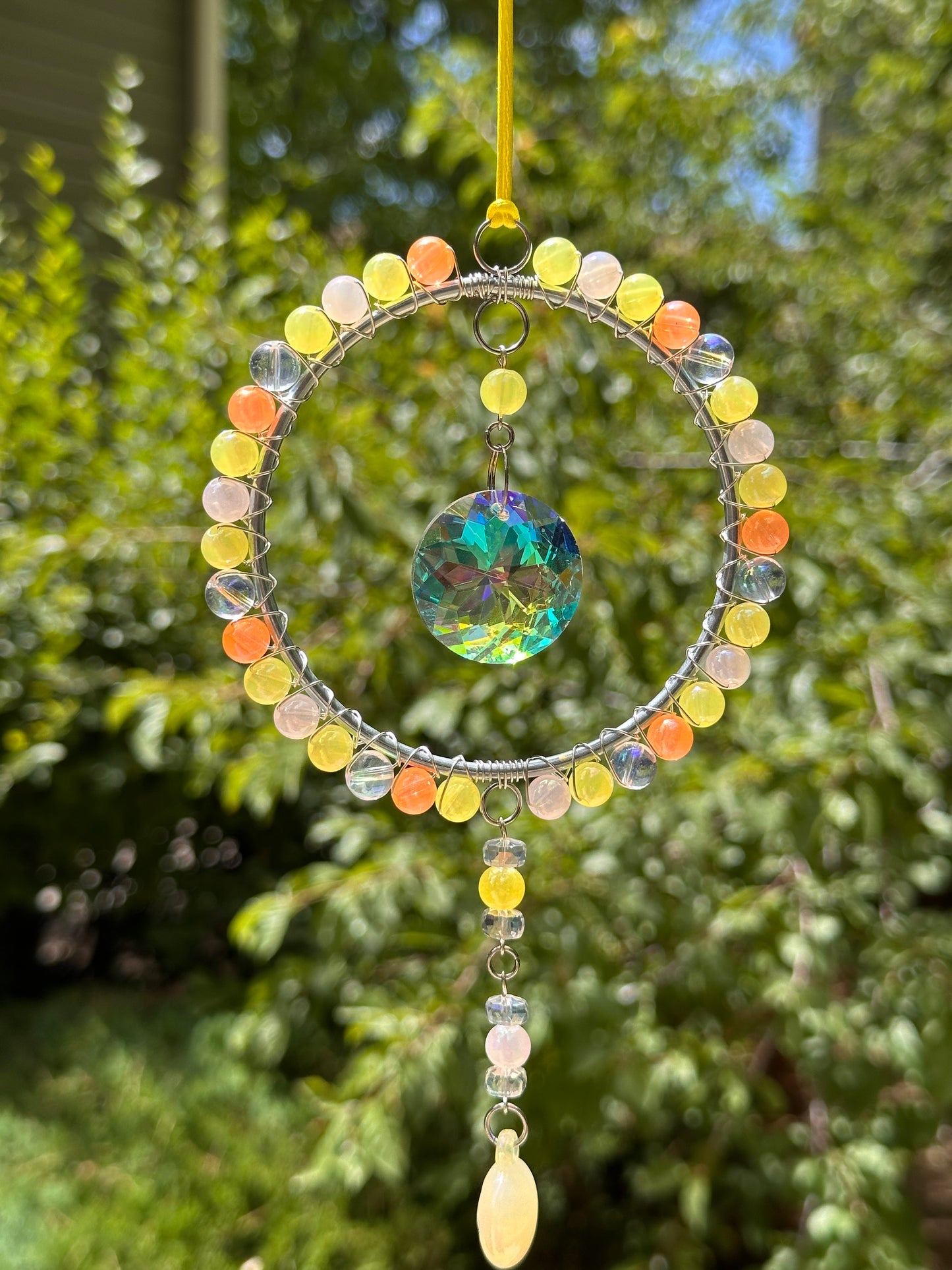 Mini-Malist Suncatcher Summer Session / Car Charm / Rainbow Maker / 3 Inch Silver Ring / Yellow Smiley Dangle