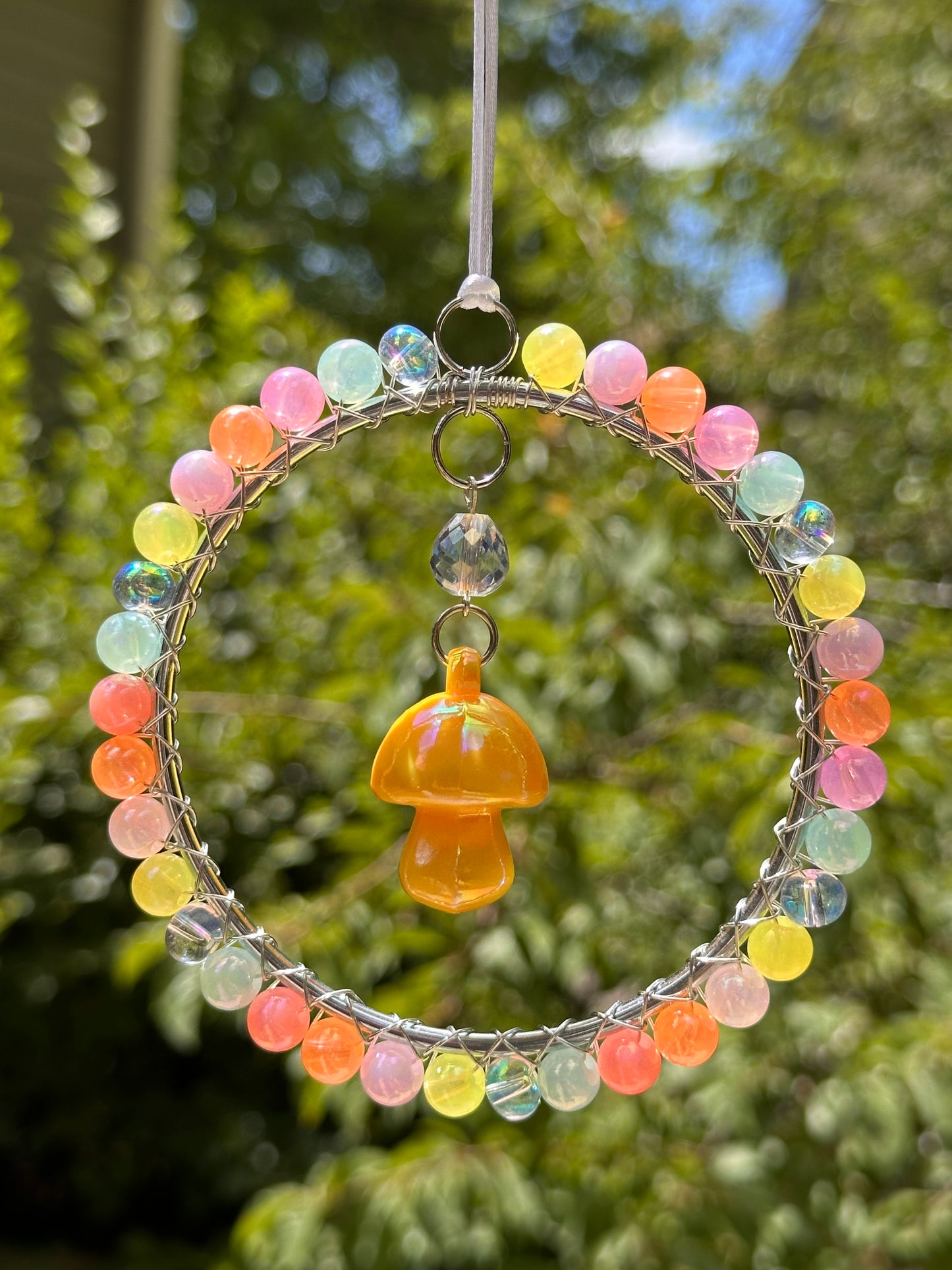 Mini-Malist Suncatcher Summer Session / Car Charm / Rainbow Maker / 3 Inch Silver Ring / Yellow Mushroom Pendant