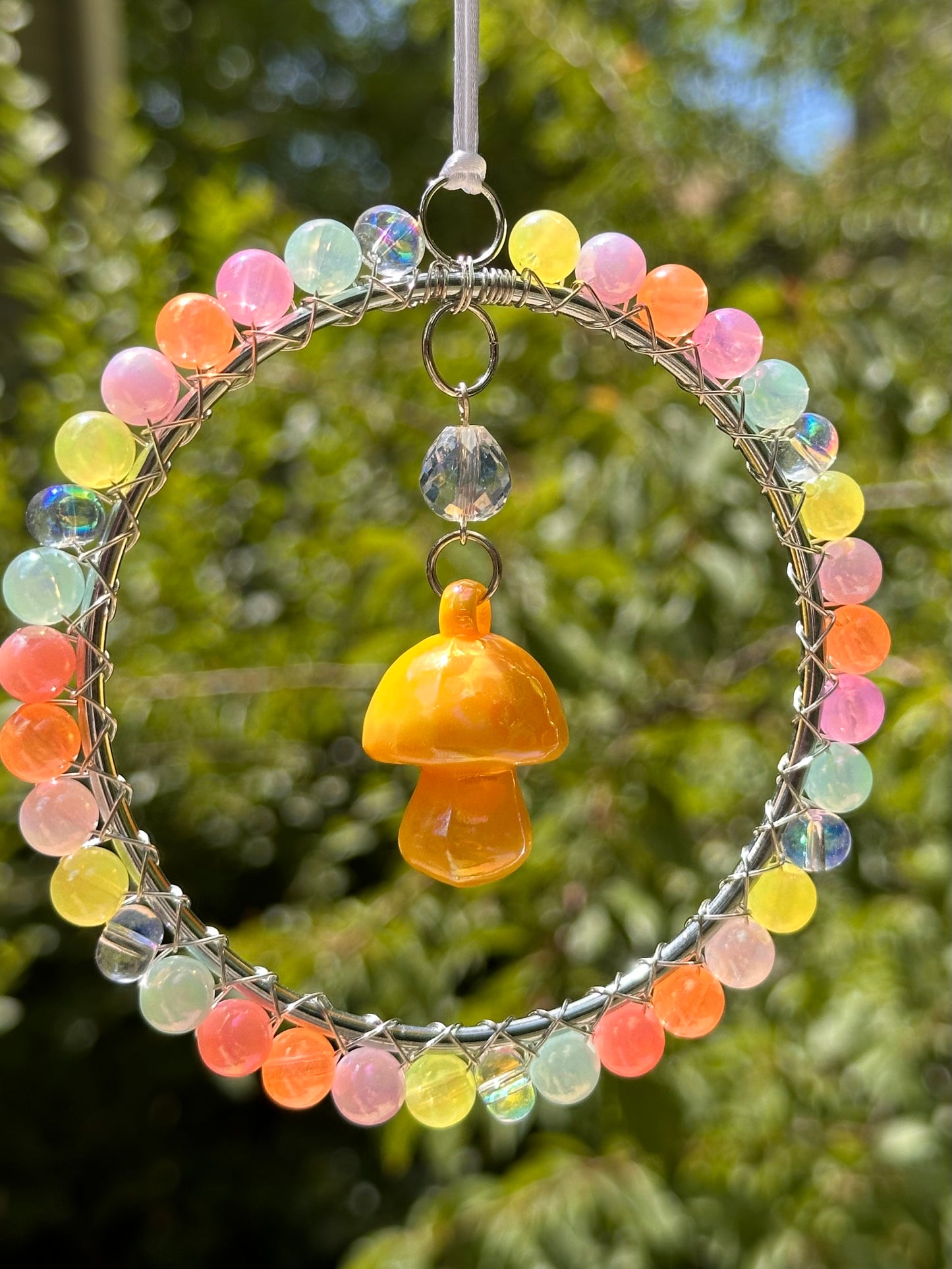 Mini-Malist Suncatcher Summer Session / Car Charm / Rainbow Maker / 3 Inch Silver Ring / Yellow Mushroom Pendant