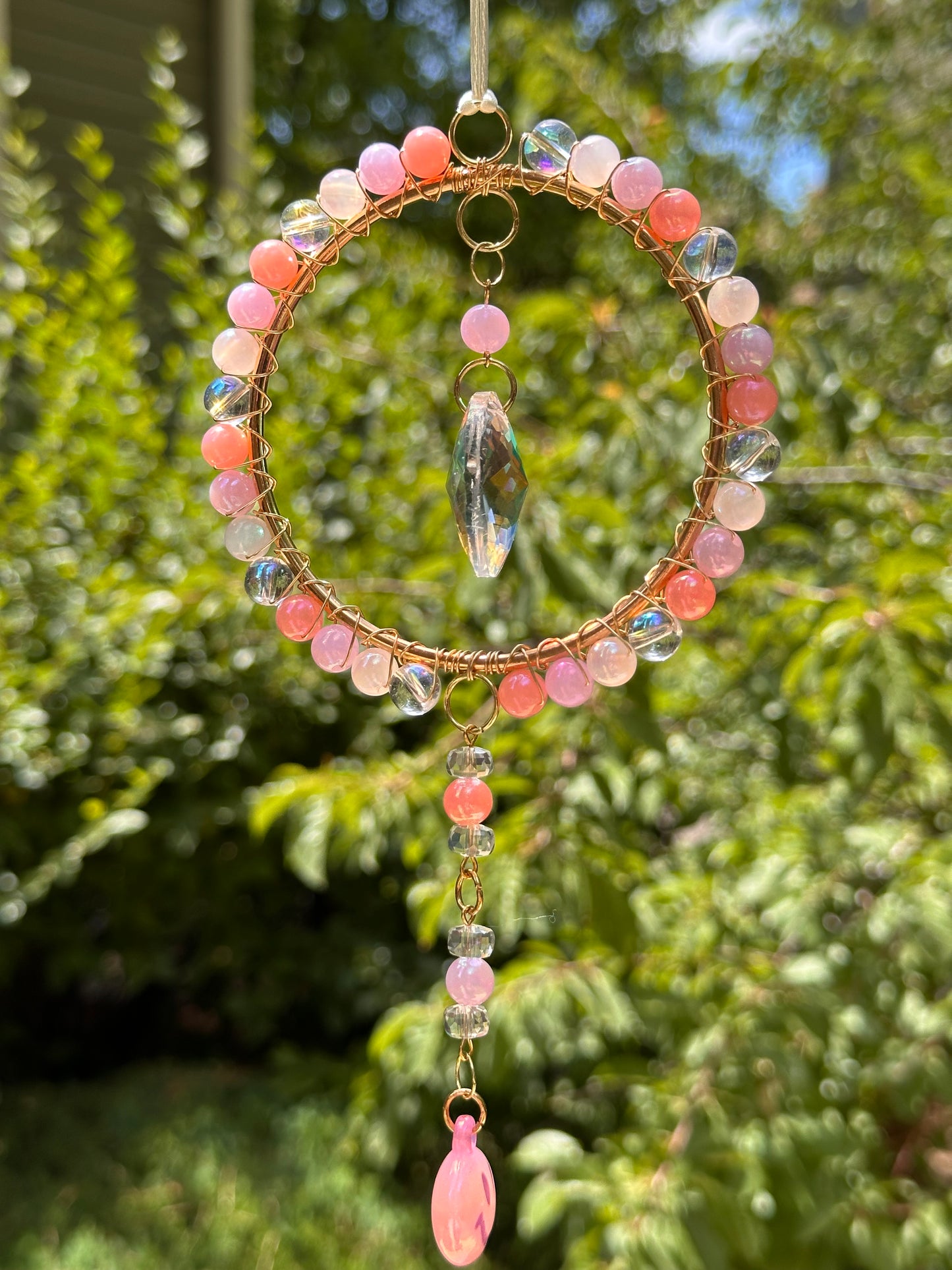 Mini-Malist Suncatcher Summer Session / Car Charm / Rainbow Maker / 3 inch Gold Ring / Pink Smiley Dangle