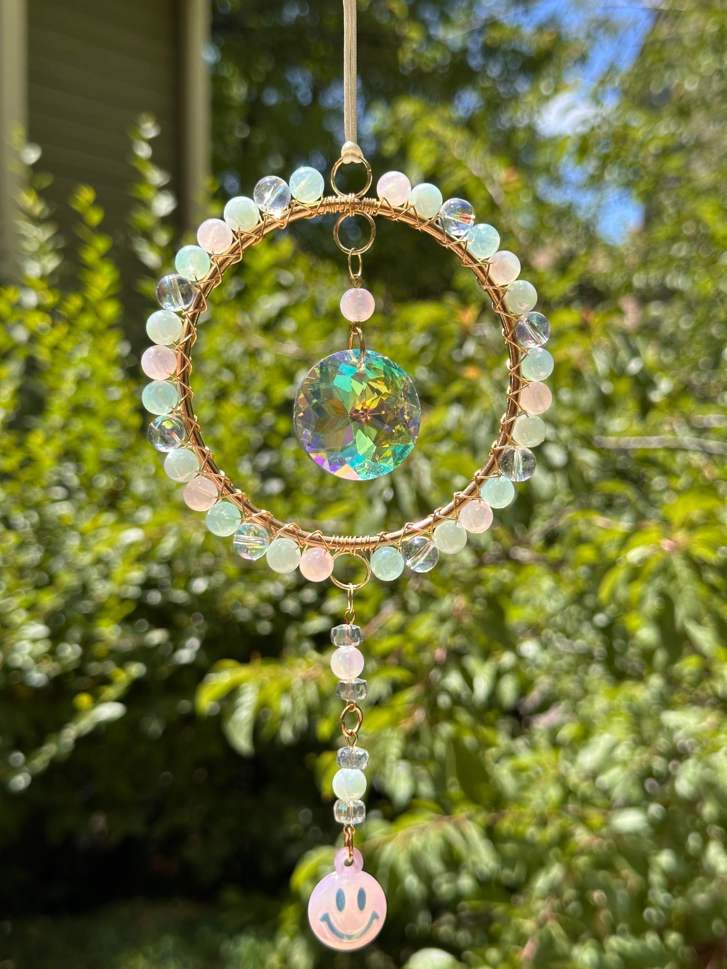 Mini-Malist Suncatcher Summer Session / Car Charm / Rainbow Maker / 3 Inch Gold Ring / Pink & Blue Smiley Dangle